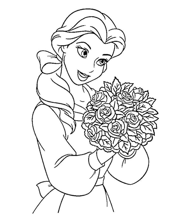 Online coloring book: Coloring book princess with a bouquet of roses for womens day